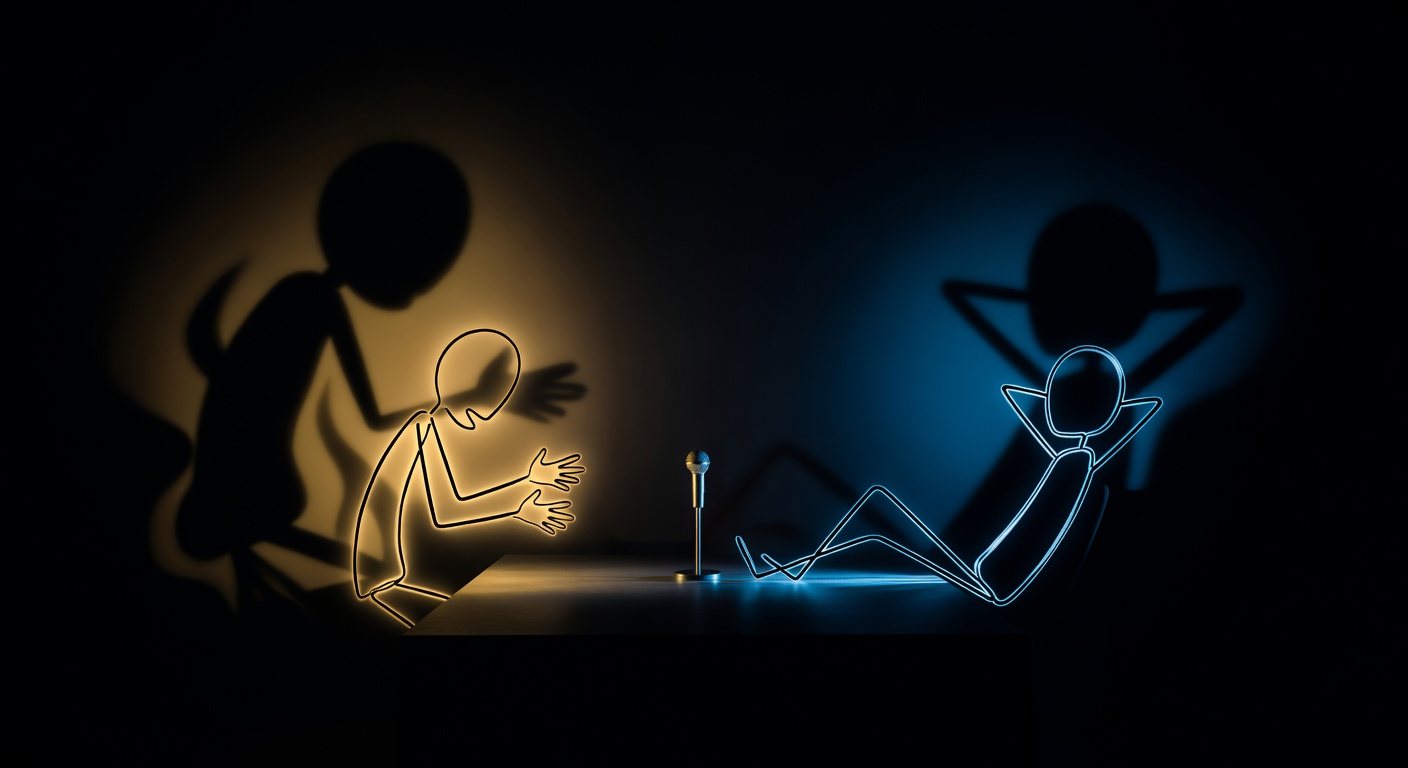 Two figures in a split-lit studio, one leaning forward with warmth, the other reclining casually