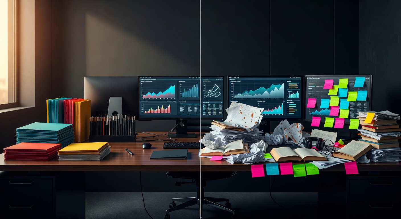 Two desks side by side: one immaculately organized, the other creative chaos, both showing productive work