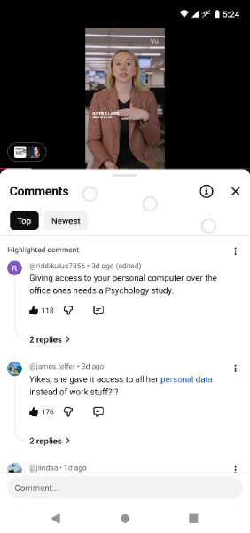 YouTube comments on a video about a cop harassing citizens. Top comment: 'Cops like this need to be put in check because they cost the taxpayers so much money' with 48K likes. Another: 'Harassing citizens for sitting on a bench waiting for a ride is completely tyrannical.' with 33K likes.