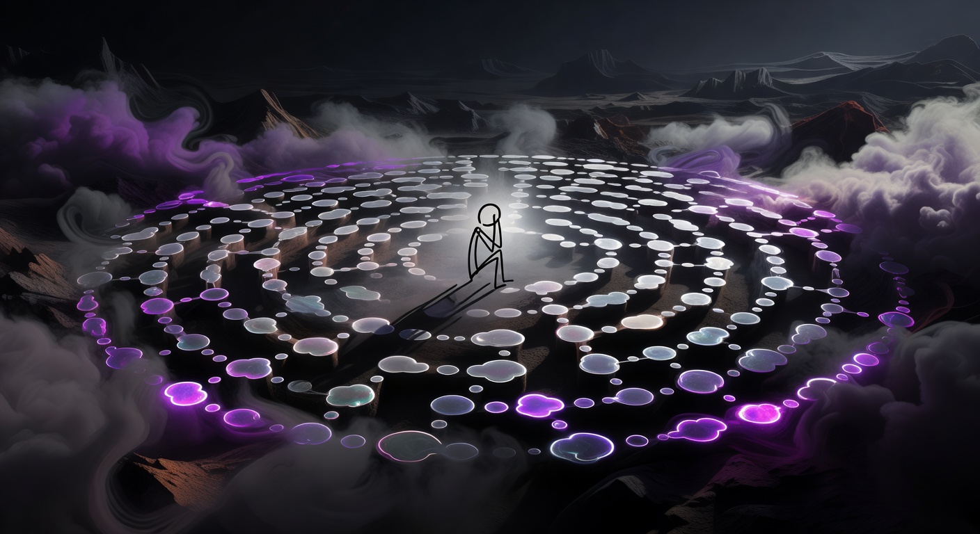 A figure lying in bed staring at a phone, surrounded by swirling thought spirals