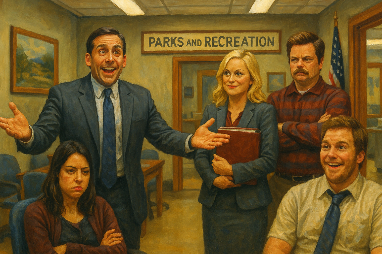 Michael Scott standing in the Pawnee Parks Department trying to win over Leslie, Ron, April, and Andy