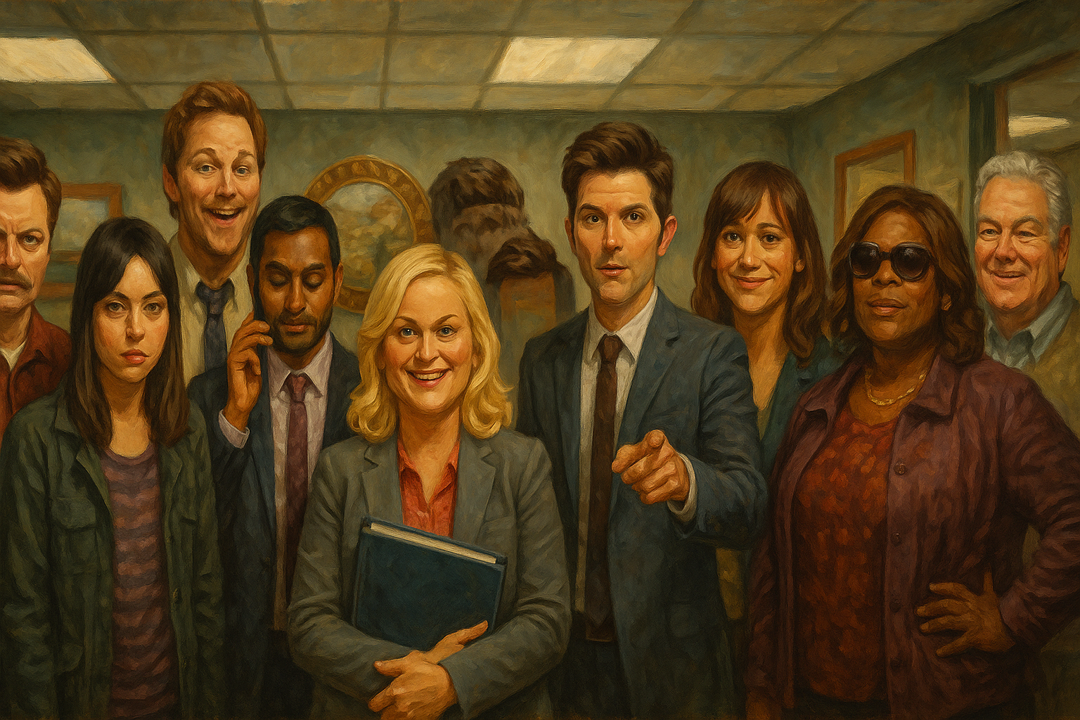 Pawnee Parks Department cast illustrated in oil painting style