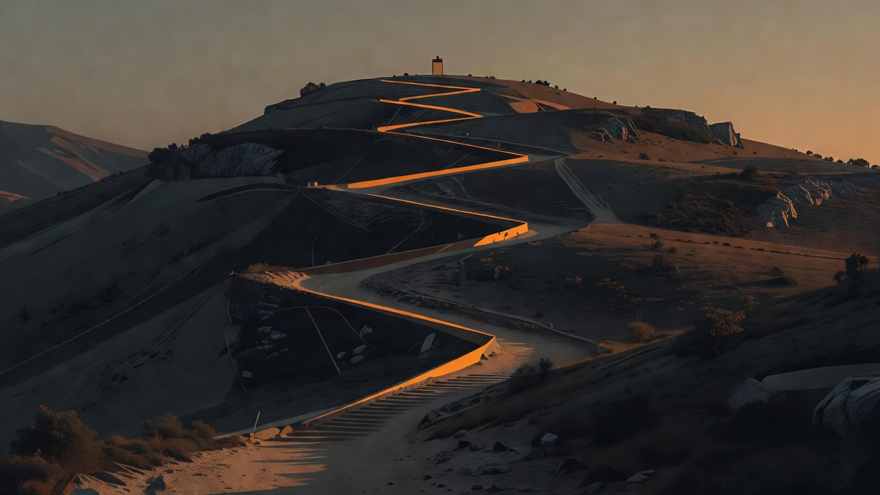 A single steep trail switchbacking up a hill in warm evening light with a small marker at a high resting point