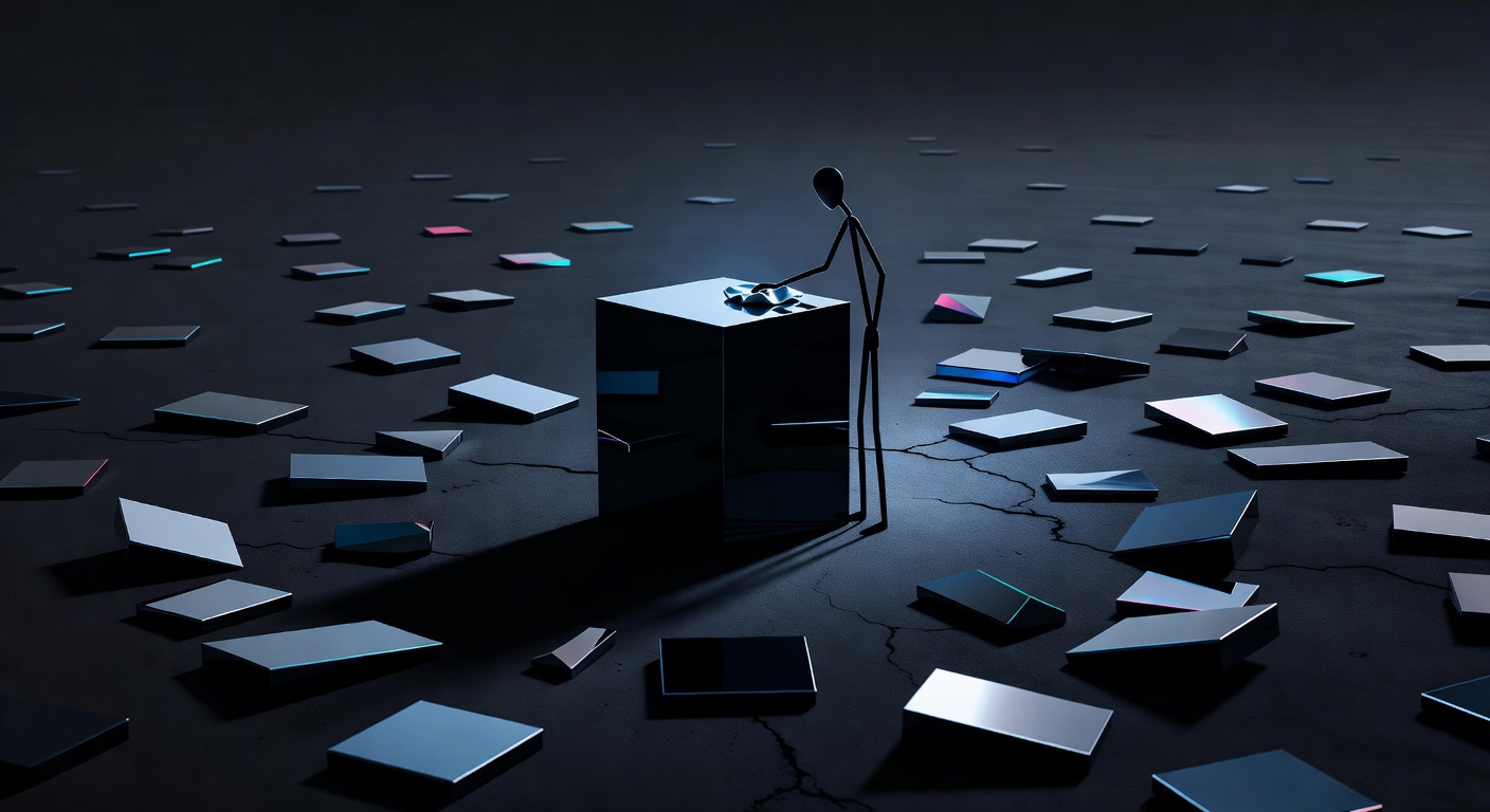 A figure at a desk surrounded by perfect stacks, one hand gripping the edge