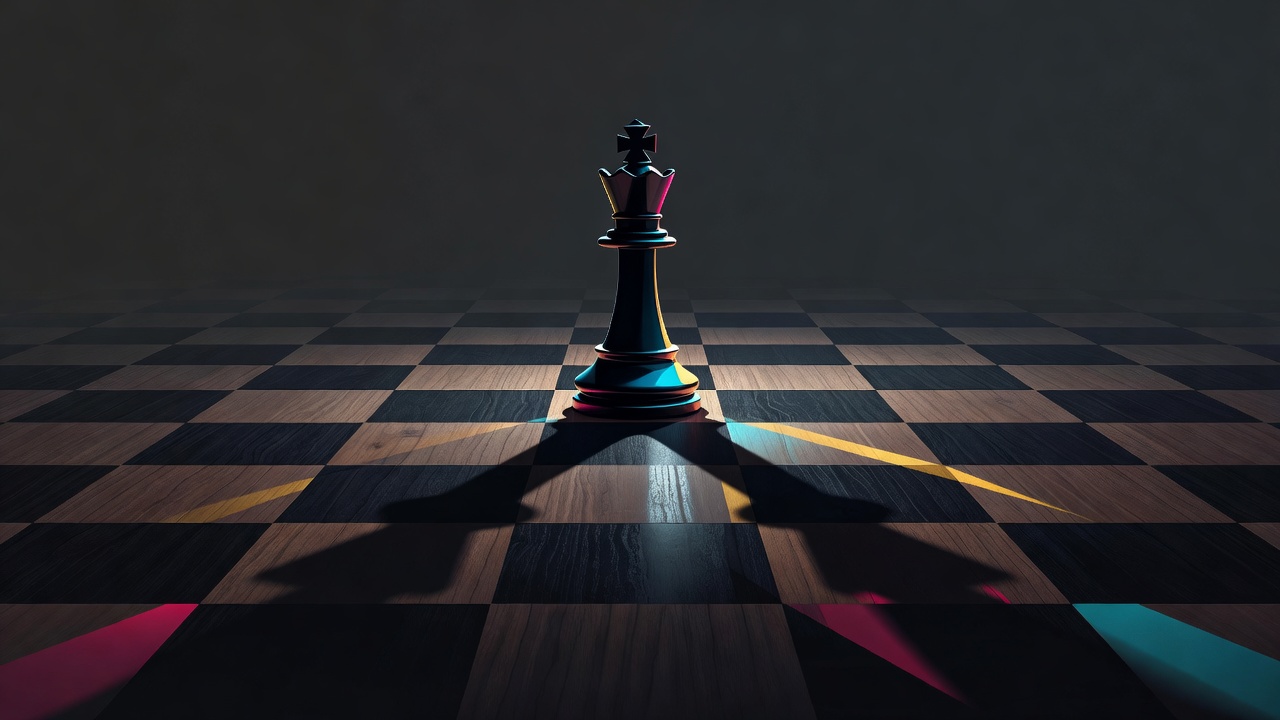 A single chess king piece standing on a dim board with long shadows