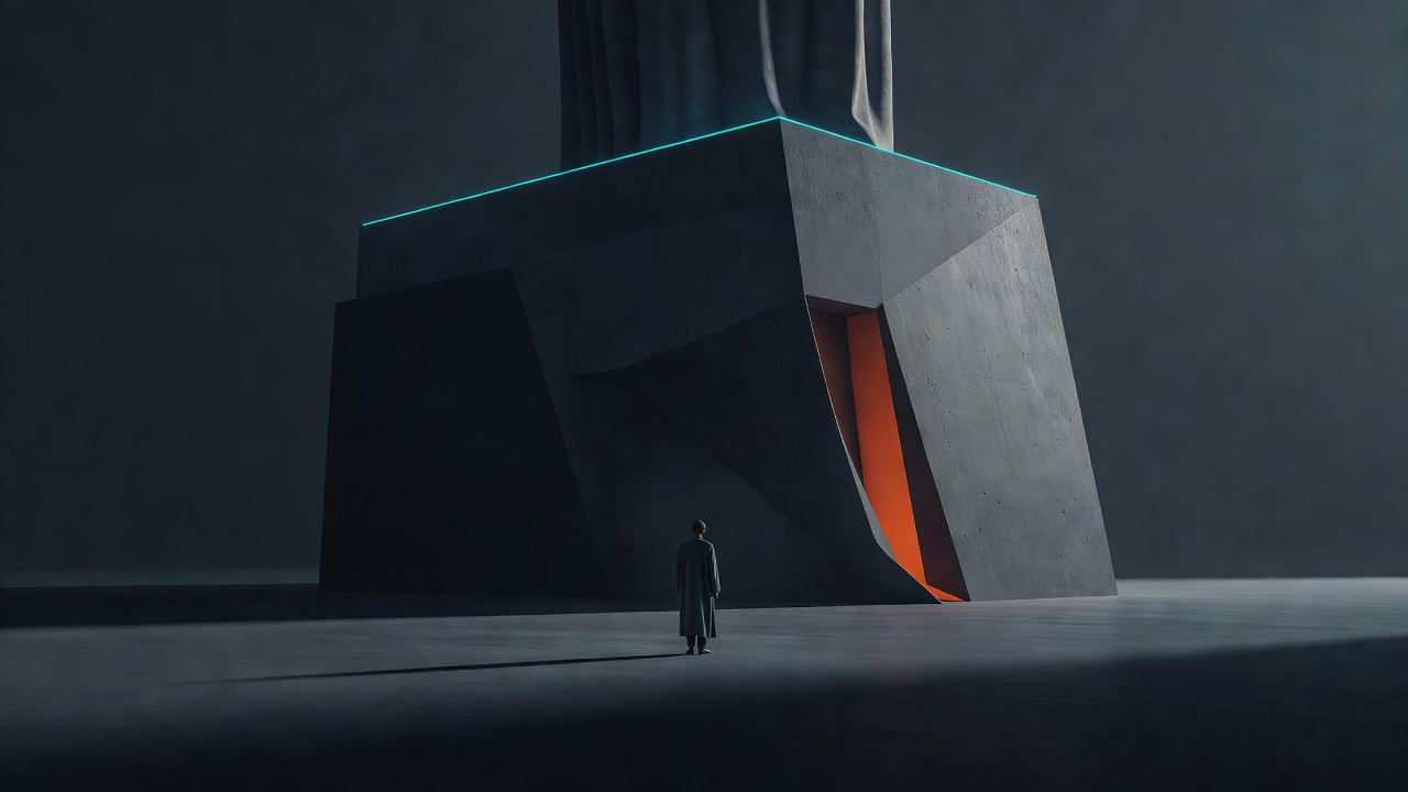 A small figure standing at the base of an enormous statue's pedestal, dwarfed by its scale