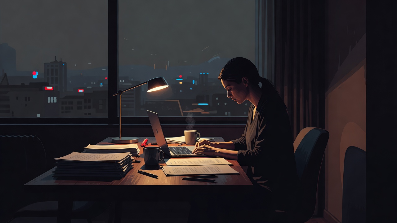 A person working alone at a desk late at night, lamp illuminating quiet determination