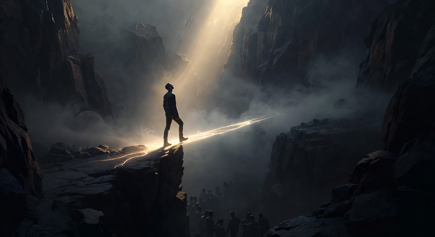 A figure stepping confidently onto a bridge of light across a vast canyon
