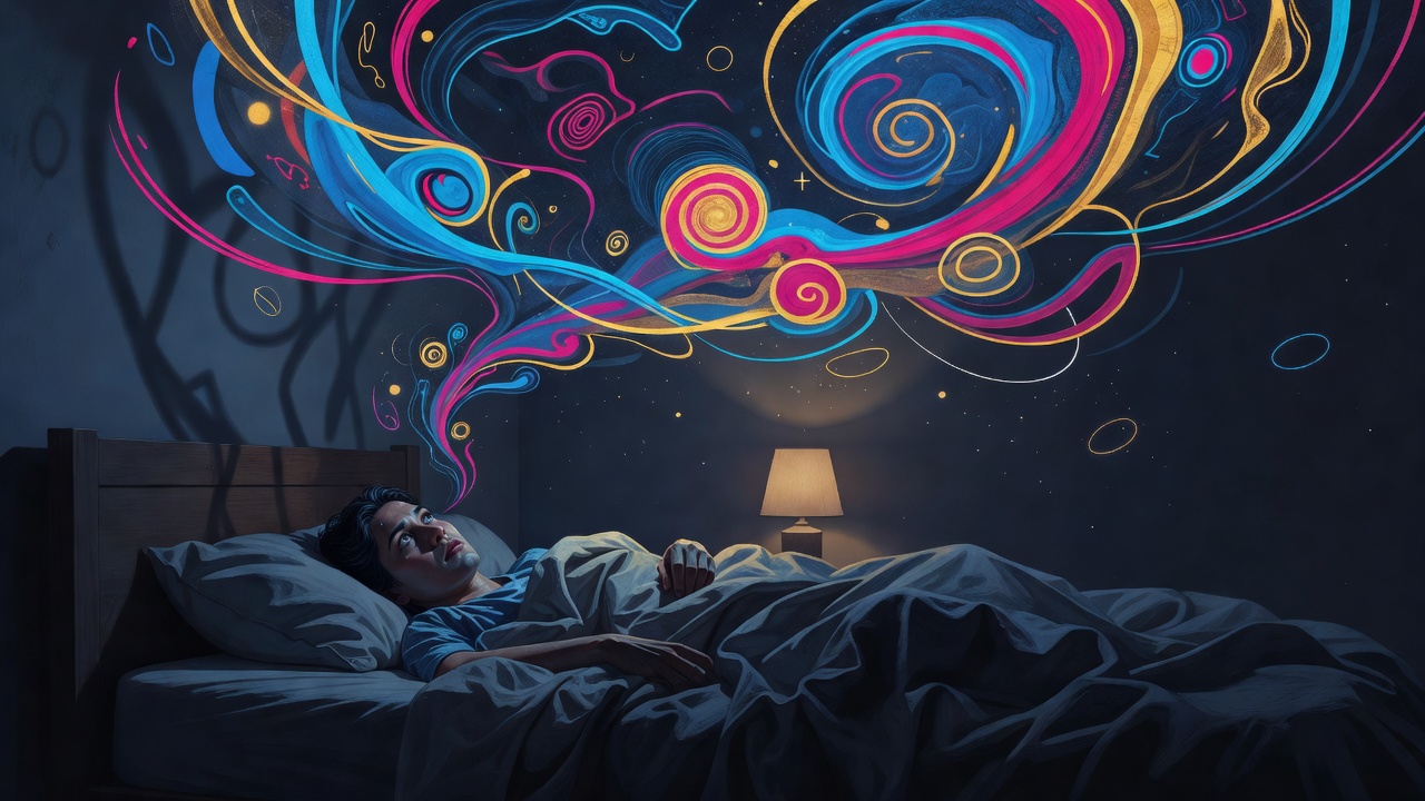 A person lying awake at night, mind circling