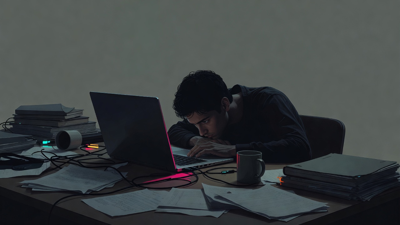 An exhausted person at a desk unable to start work in dim light