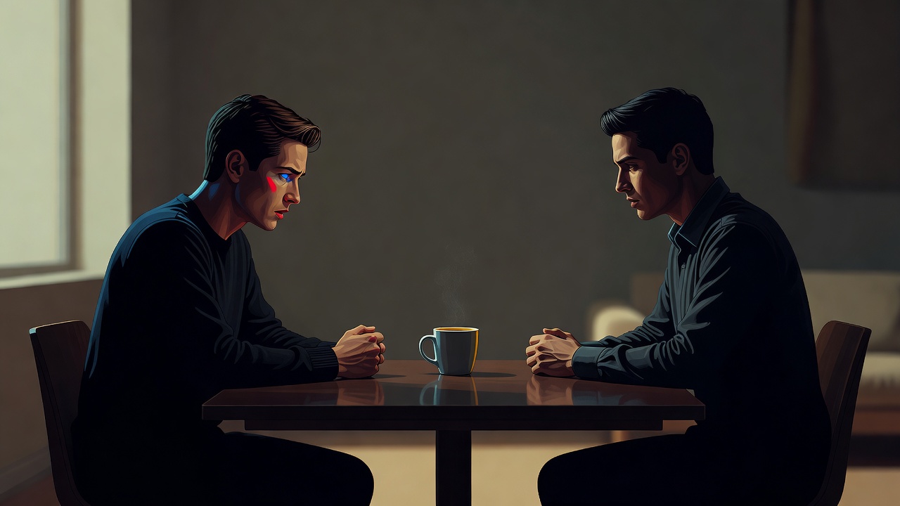 A person holding back words across a table, tense