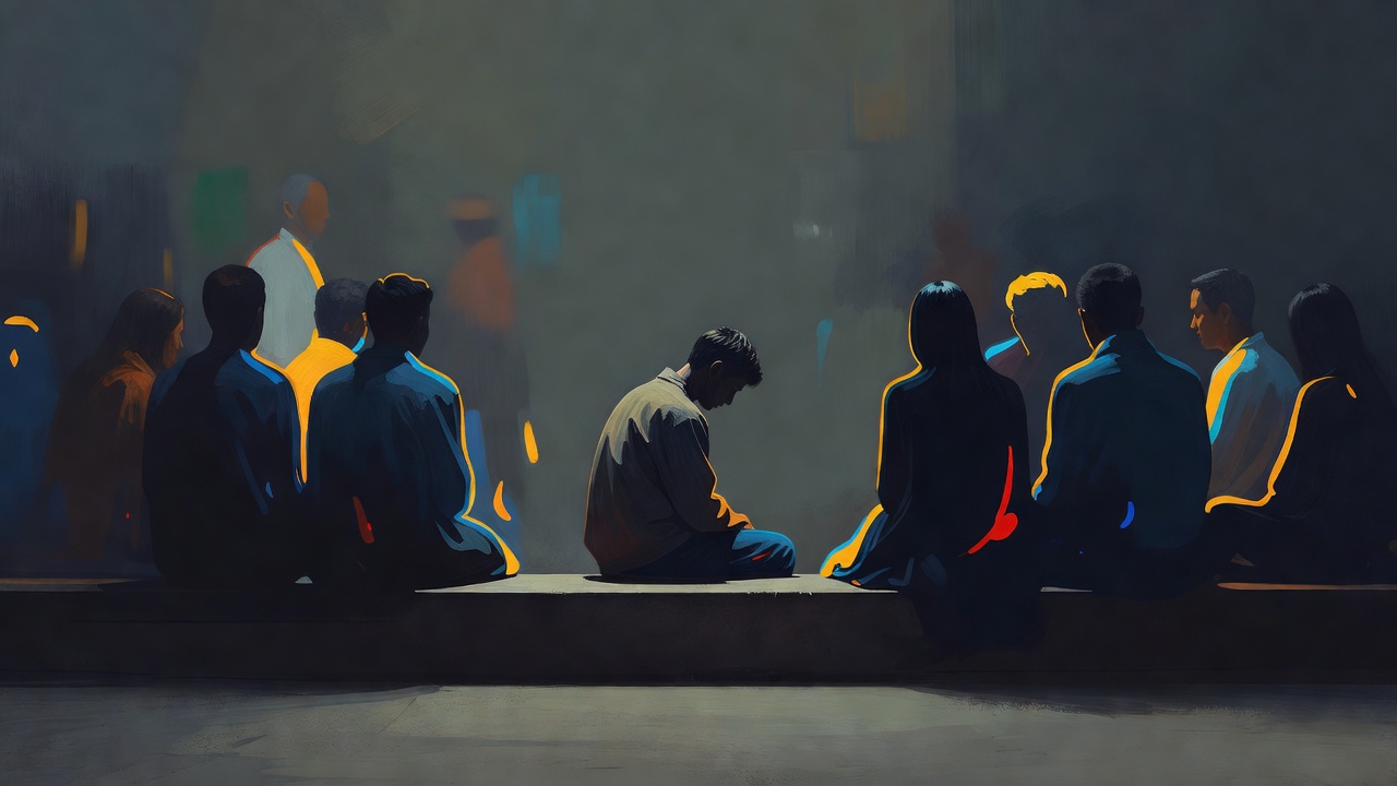 A person staying silent at the edge of a group
