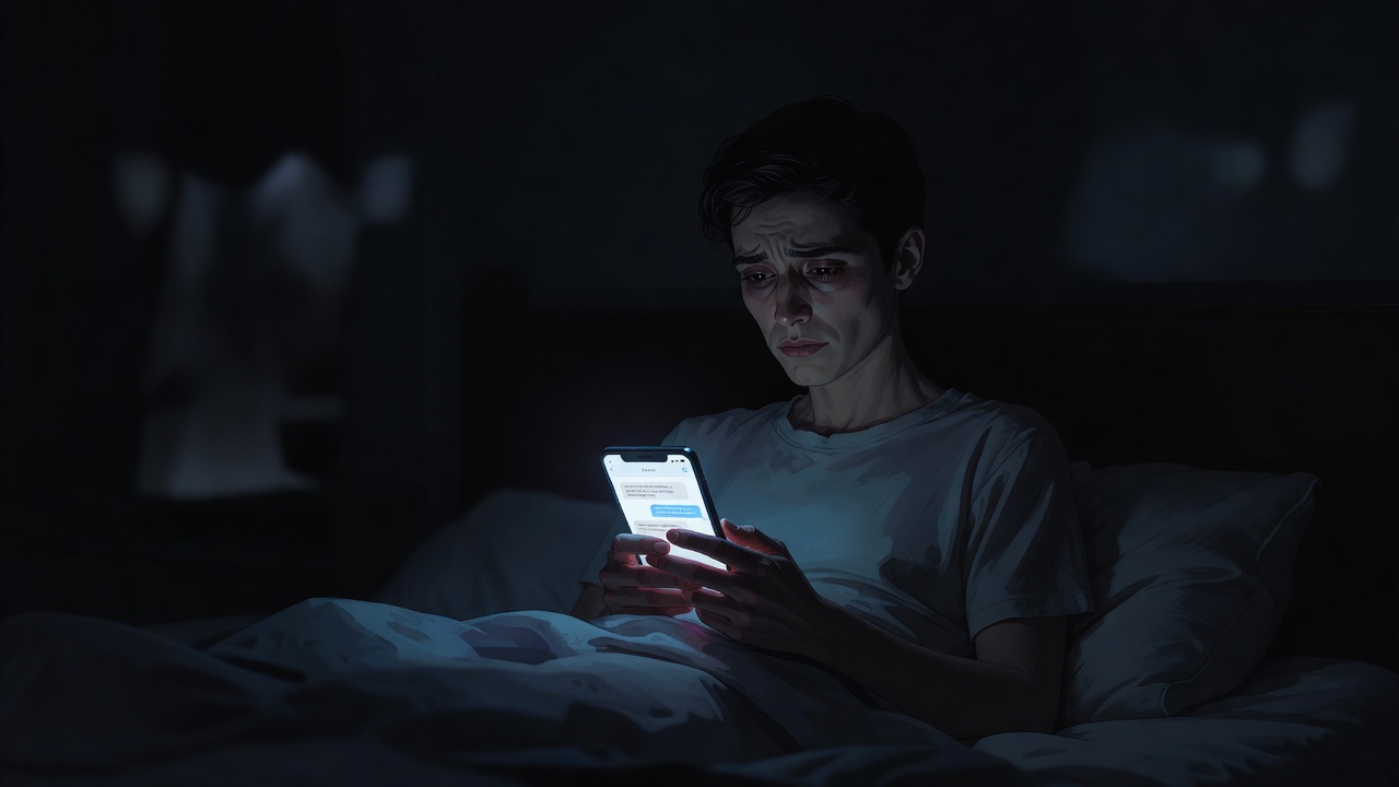 A person awake at 2am lit by a phone, re-reading old messages
