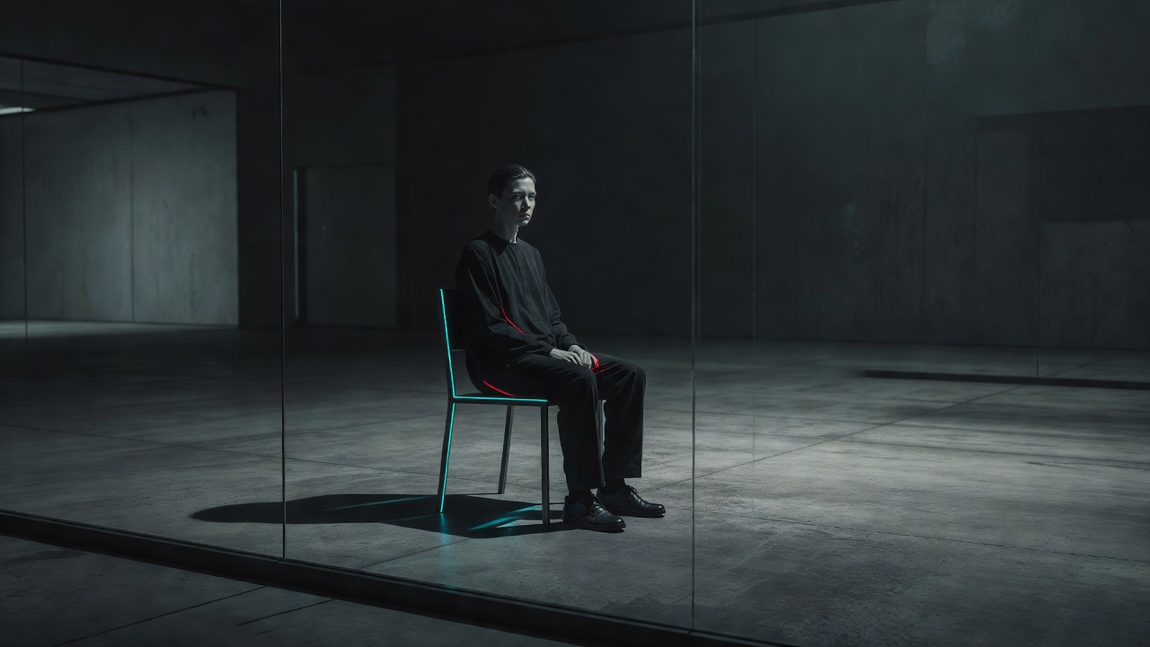 A person frozen and flat, watching from behind glass