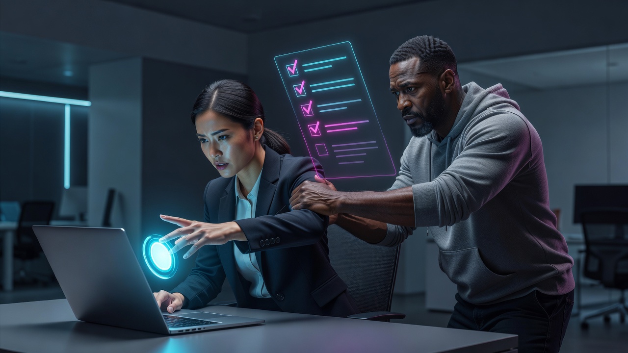 Two founders at a laptop, one reaching for the deploy button while the other pulls it back