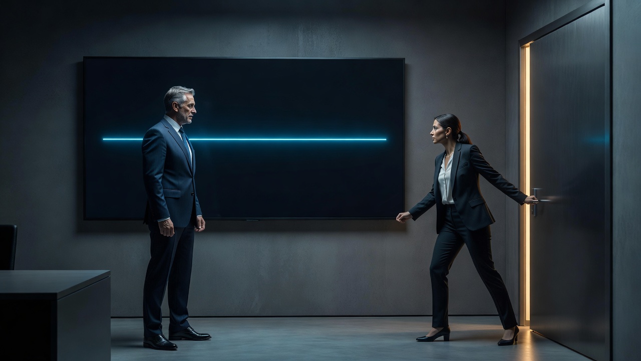Two founders at a flat-line dashboard, one turning toward an exit and the other planting their feet