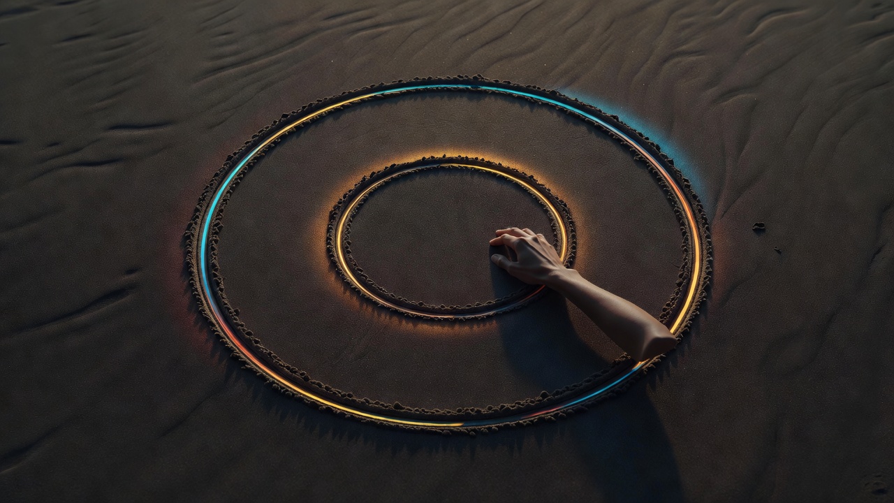 Two concentric circles drawn in sand with a hand tending the smaller inner circle