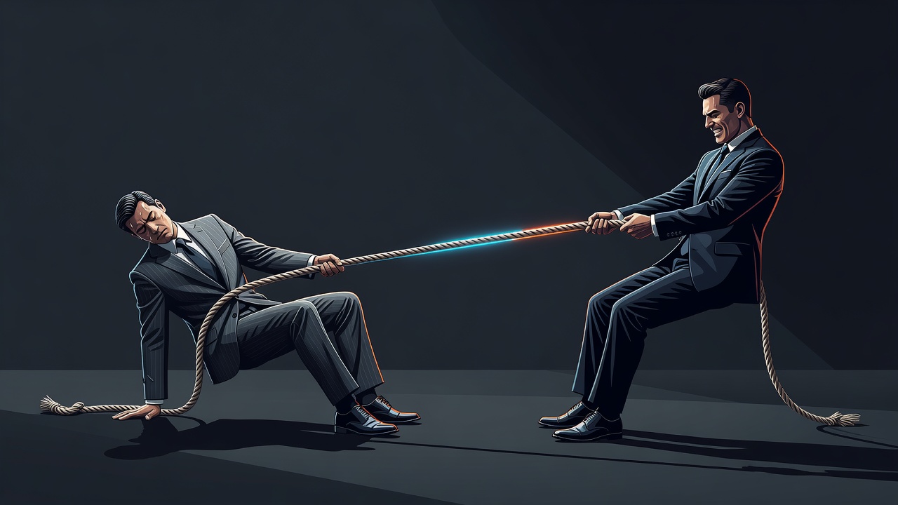 A tug-of-war where one founder has let go of the rope from exhaustion while the other keeps pulling