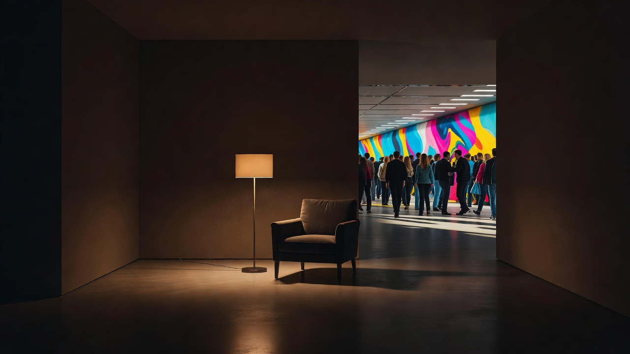 A single lamp-lit reading chair in a quiet room, set apart from a bright crowded hall, representing introversion within the Big Five