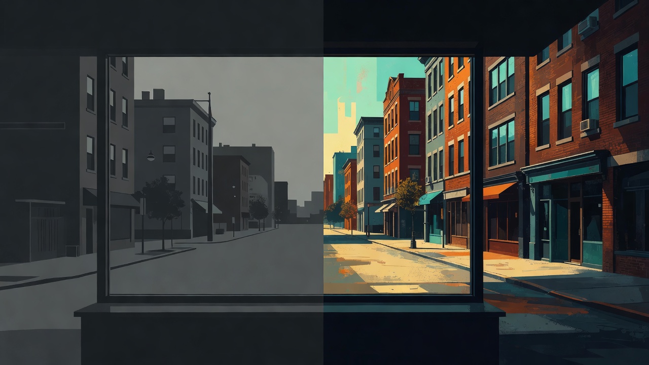A single window view of a familiar street, half in flat grey and half suddenly vivid as if seen fresh