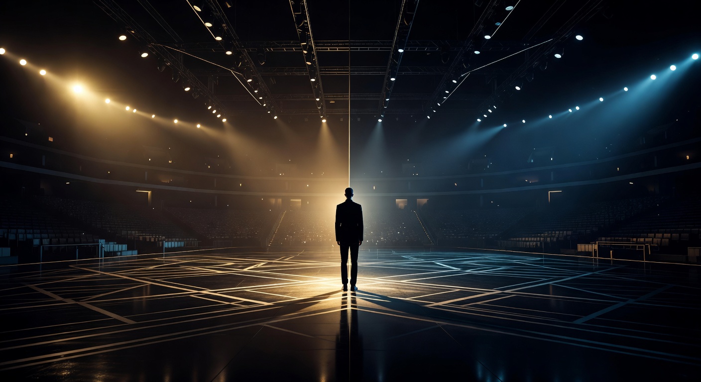 A lone figure on a massive stage at the boundary between warm and cool light