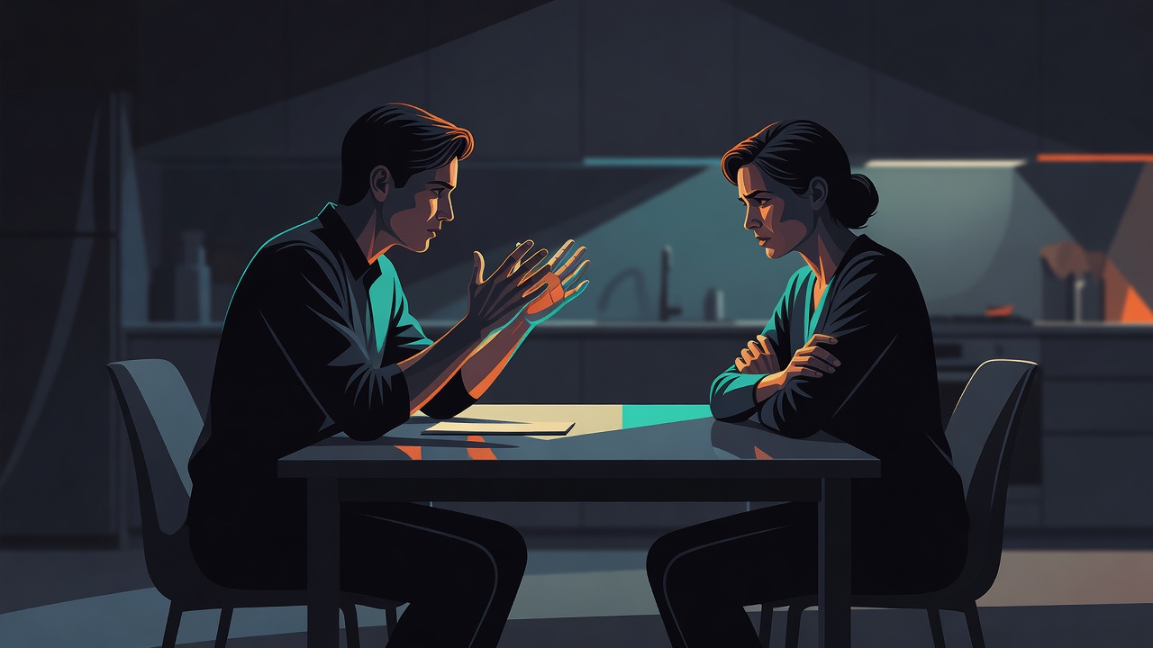 Two partners at a kitchen table, one holding up hands in a hurried placating apology gesture, the other still visibly hurt rather than soothed