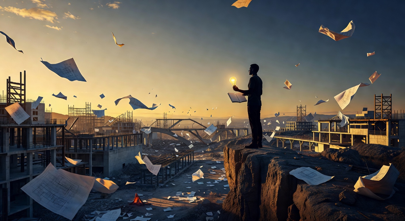 A solitary figure on a cliff overlooking half-finished structures and scattered blueprints