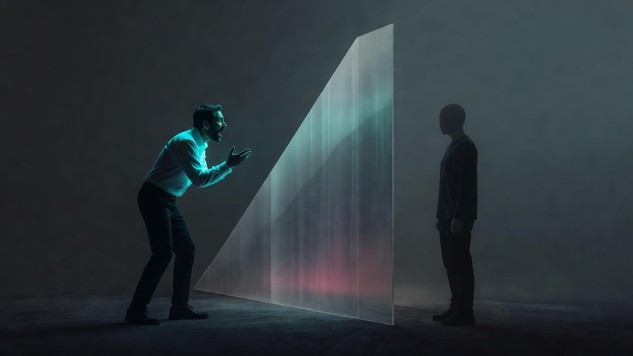 One partner speaking while the other's face goes blank behind a rising translucent wall, both alone