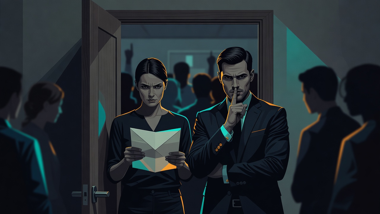Two founders at a door to a room of employees, one holding an open letter and one with a finger to their lips