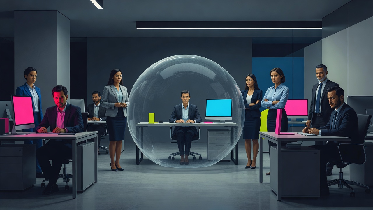 An office where one employee sits inside a subtle glass bubble while others look on frustrated