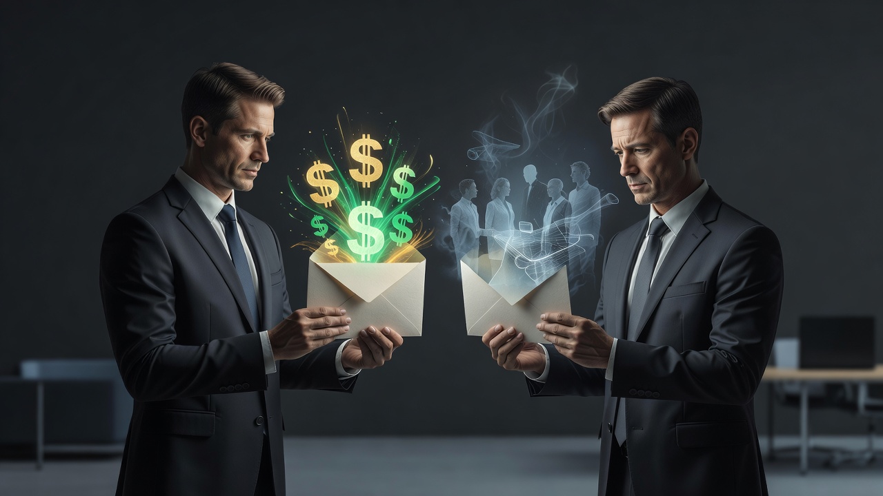 Two founders holding an envelope, one seeing dollar signs and the other a fading image of the team