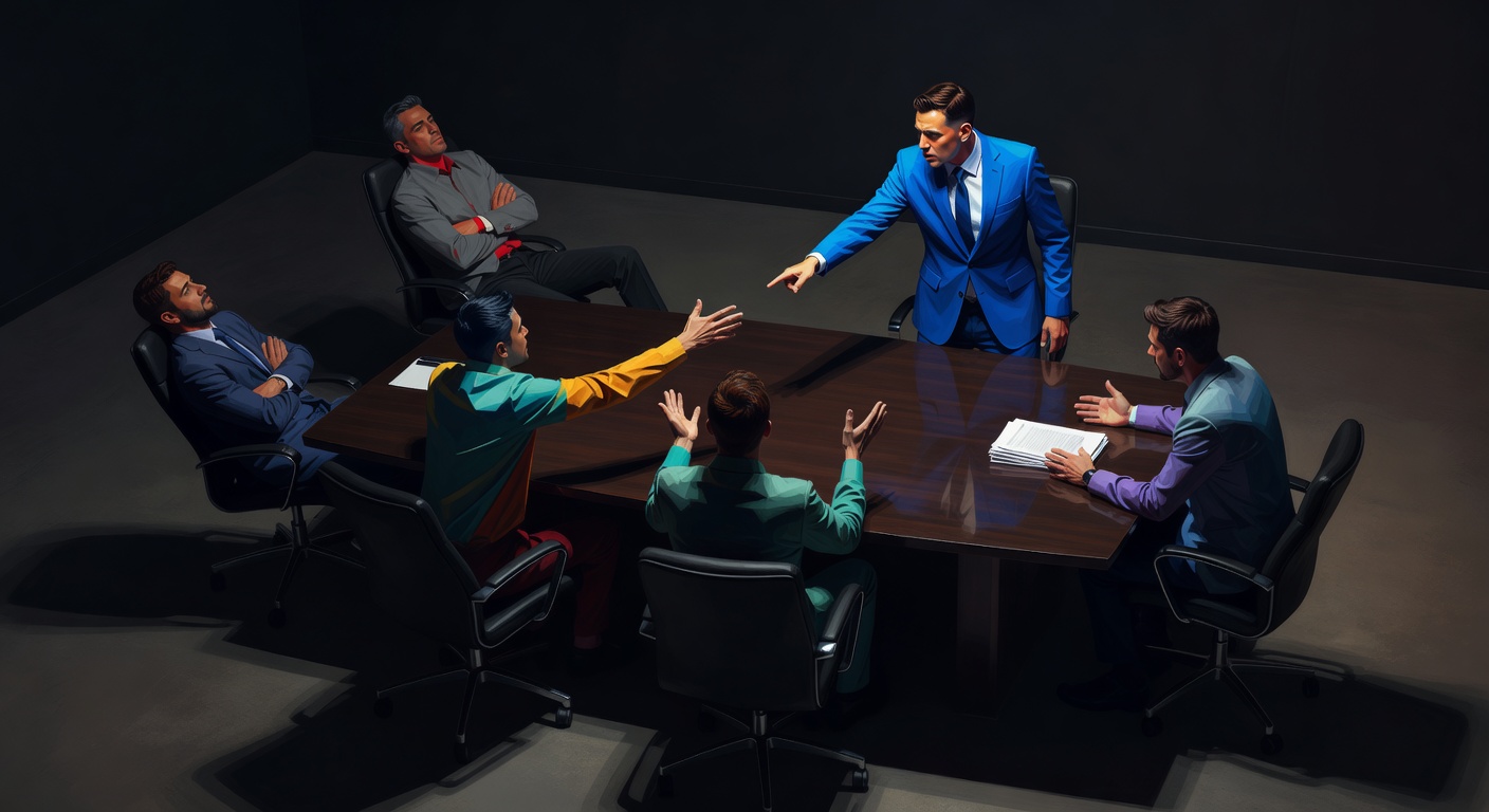 Five figures in a conference room each responding to conflict differently