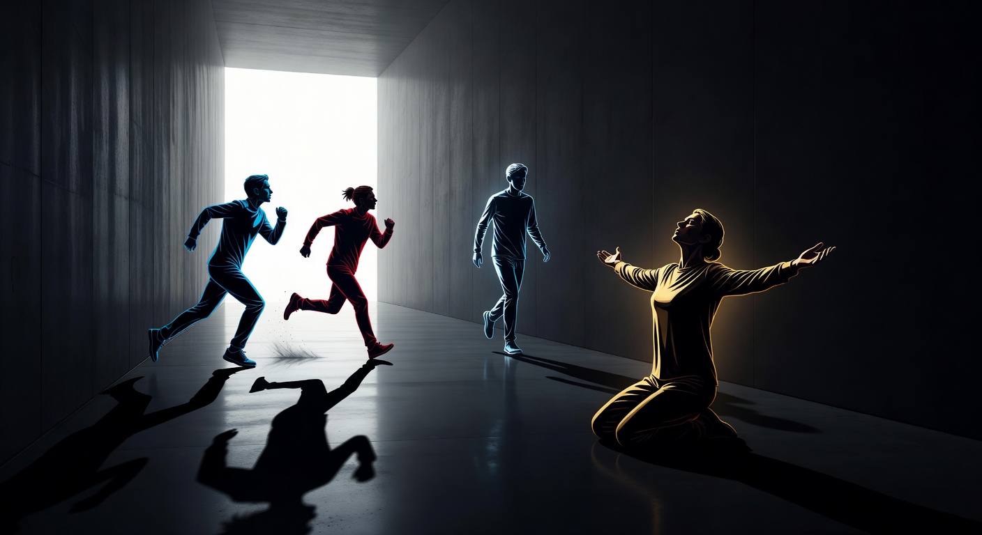 Four figures reacting to the same moment: one clenching fists, one turning to run, one frozen in place, one reaching out with open palms