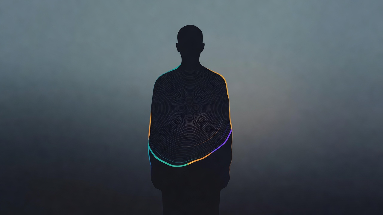A human silhouette with faint tree-ring lines inside the chest, quiet muted palette