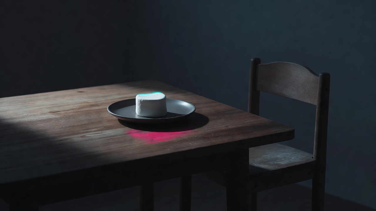 A single marshmallow on a plate on a plain table in soft window light with an empty child's chair nearby