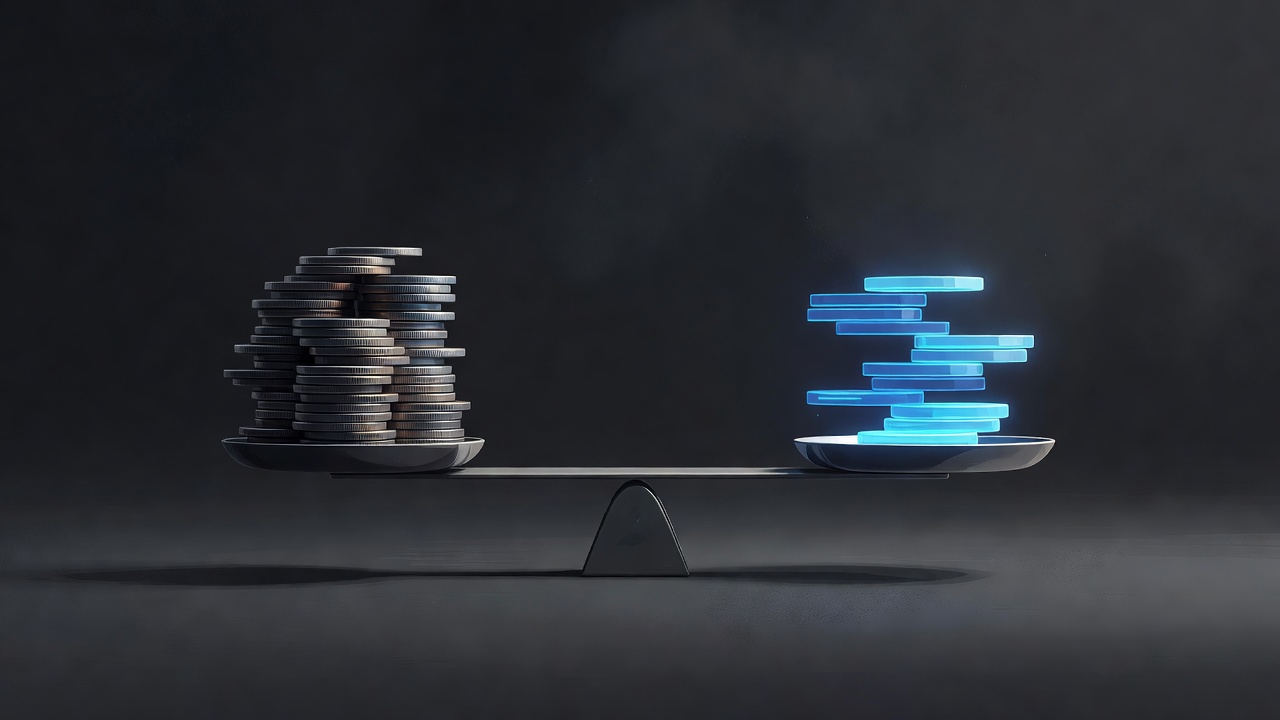 A balance scale that looks level from a distance but up close one pan is heavier