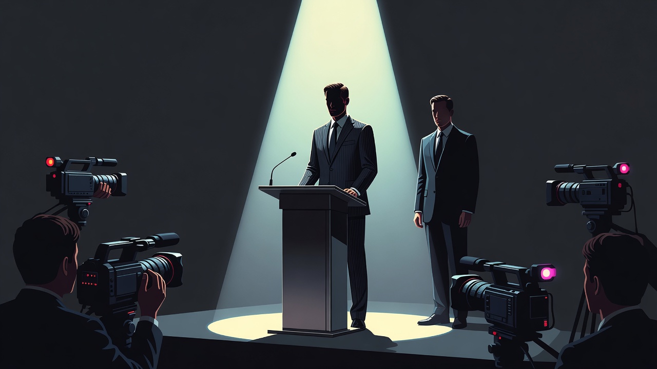 Two founders at a podium, the spotlight and cameras on one while the other stands outside the light