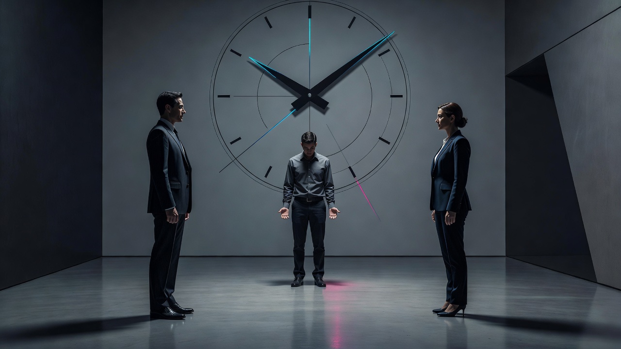 Two founders looking at an underperforming employee while a clock ticks, avoiding each other's eyes