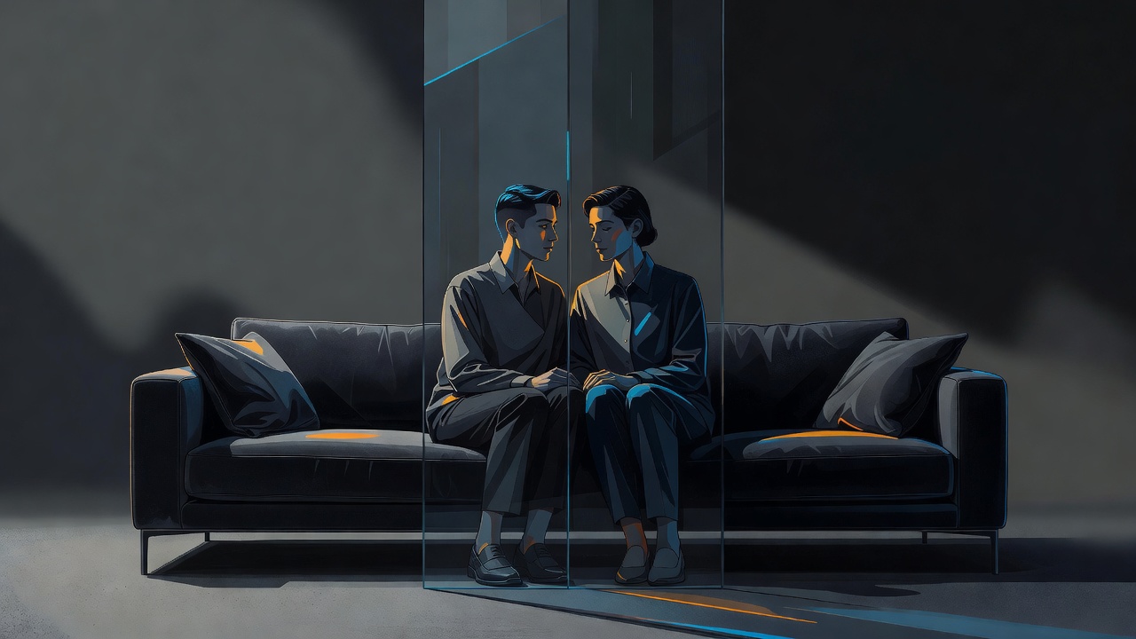 A couple sitting close on a couch with a thin pane of glass silently between them, both facing forward
