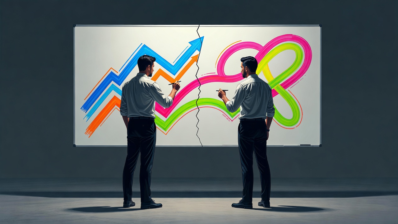 Two founders at a whiteboard split down the middle, each drawing a different roadmap