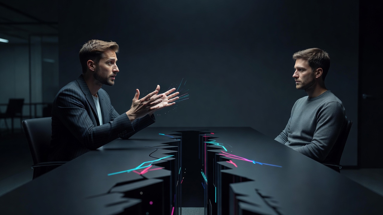 Two founders at a table, one gesturing with ideas while the other looks past them at the exit