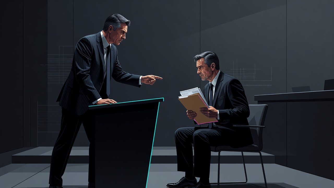 Two founders in a courtroom setup, one questioning while the other sits as defendant holding a folder