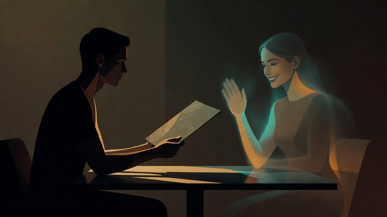 One partner offering a menu, the other waving it back with a pleasant but absent smile