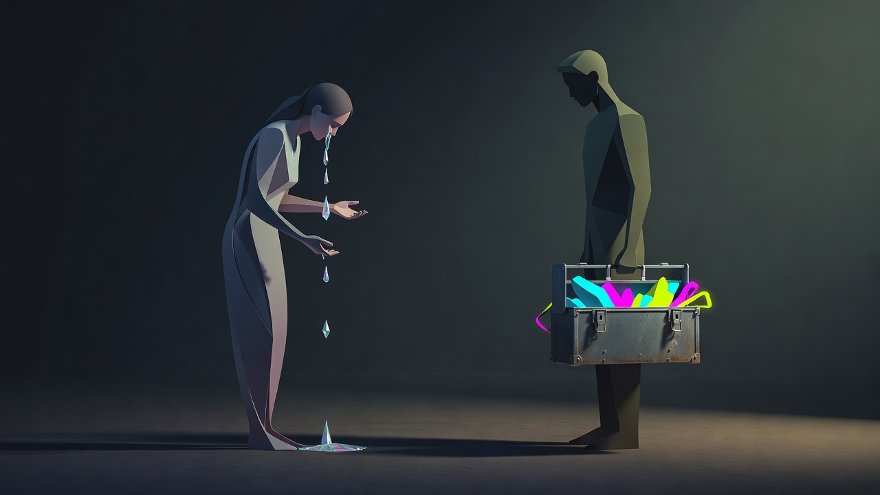 One partner crying while the other holds a toolbox of solutions instead of a comforting hand