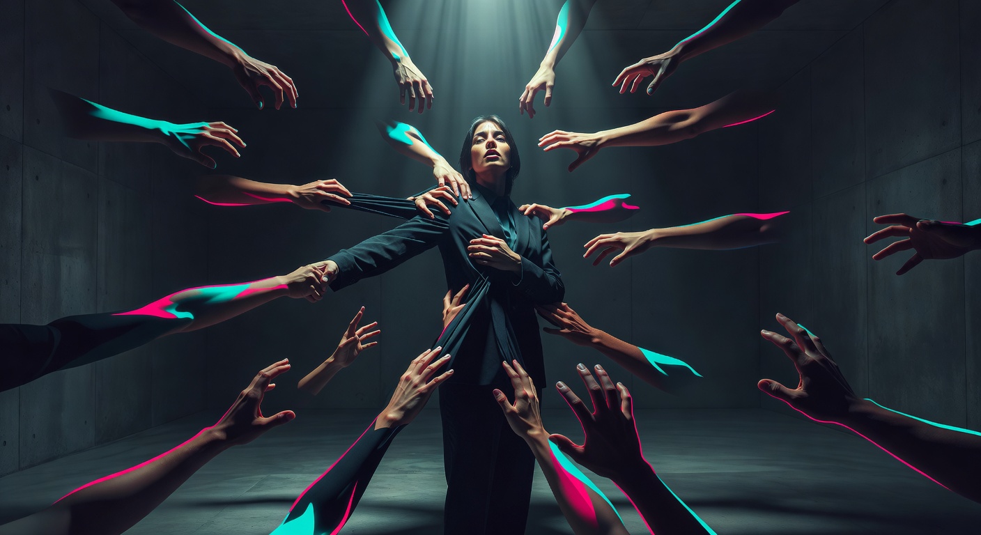 A figure standing surrounded by reaching hands, frozen mid-speech