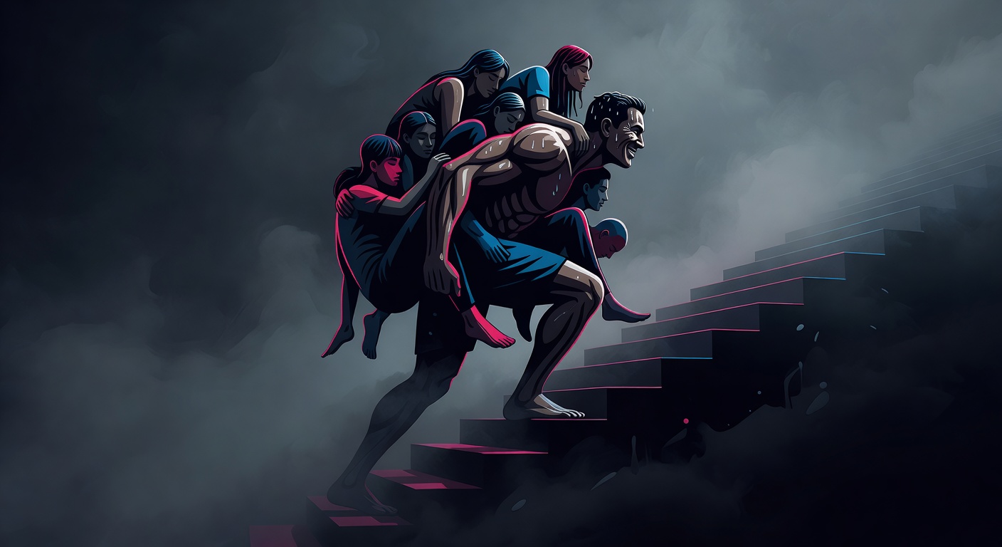 A figure carrying multiple smaller figures on their back while climbing stairs into fog