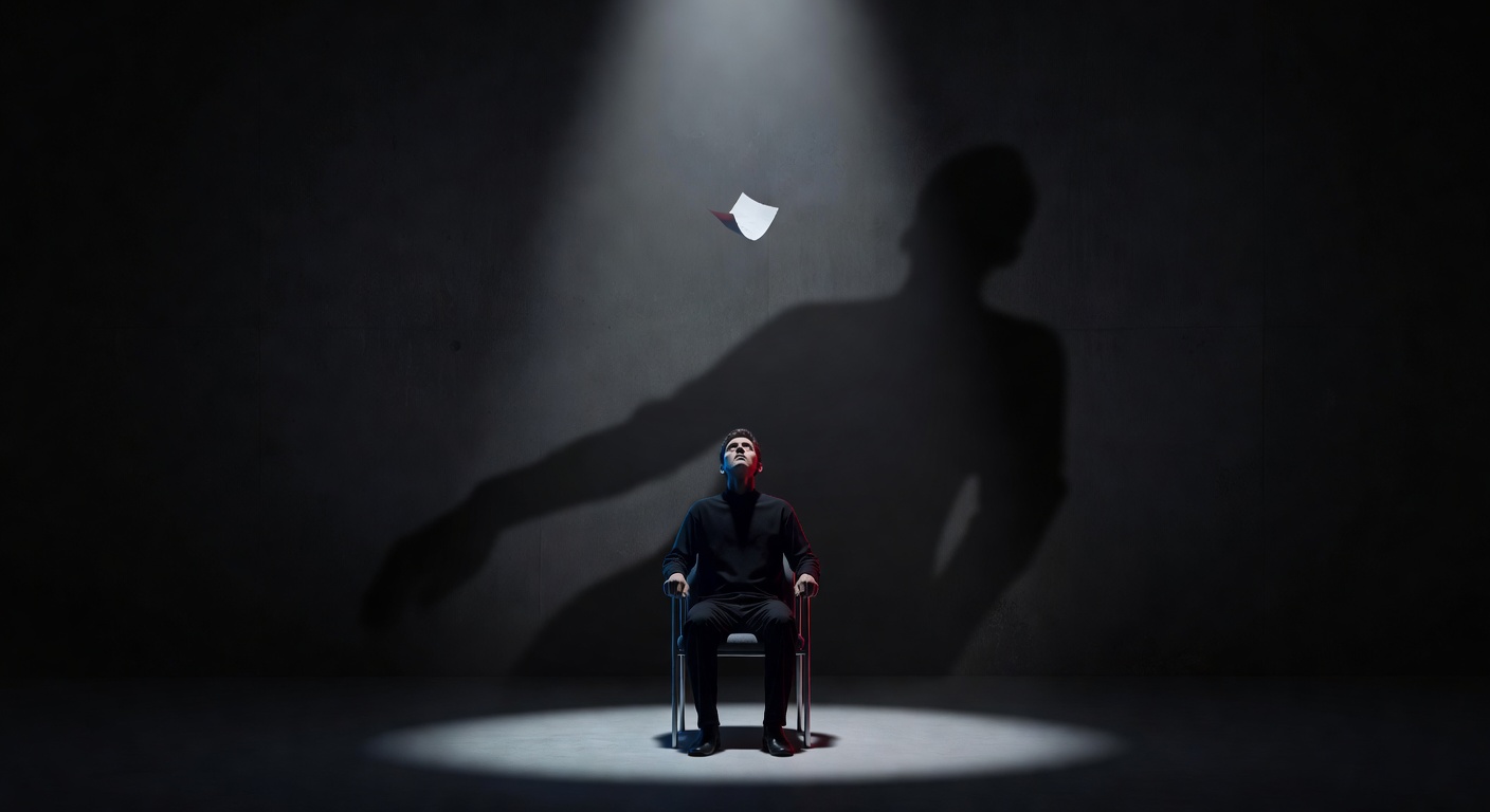 A figure sitting alone in a spotlight, staring at a small piece of paper that casts an enormous shadow