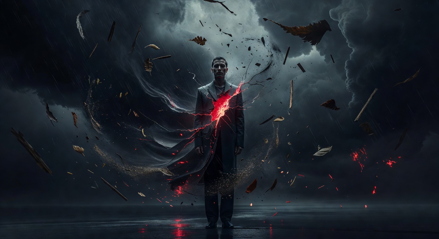 A figure standing calm in a storm, something glowing red visible through a crack in their composure