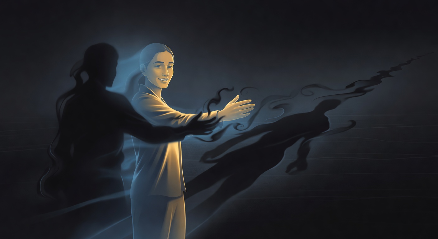 A figure reaching toward a dissolving shadow, a trail of dissolved shadows stretching behind them
