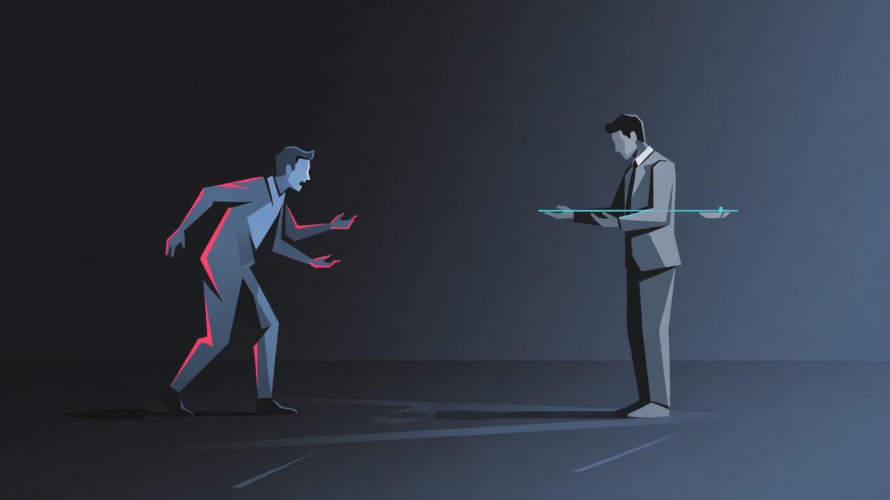 One partner venting while the other holds a balanced weighing gesture, the venting partner feeling alone rather than backed
